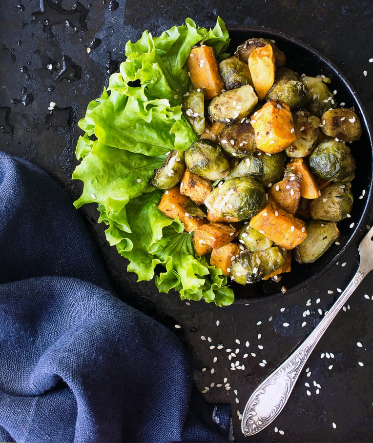 Roasted Sweet Potatoes and Brussels Sprouts