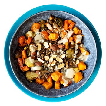 Fall Veggie Bowl with Red Lentils and Thai Peanut Dressing