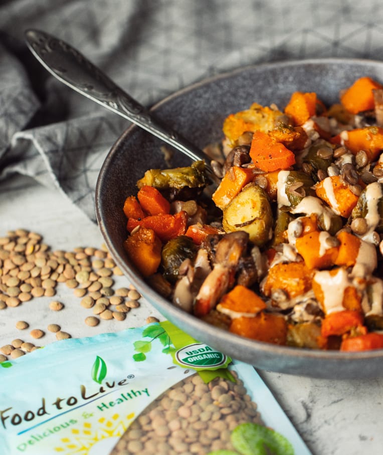 Fall Veggie Bowl with Red Lentils and Thai Peanut Dressing