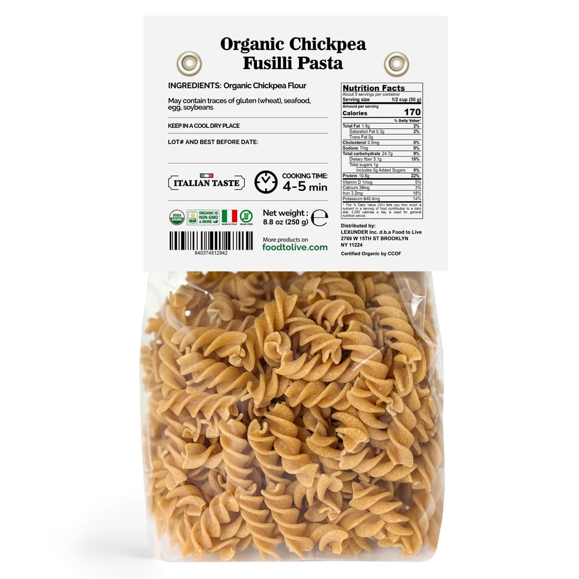 Organic Chickpea Fusilli Pasta BAck