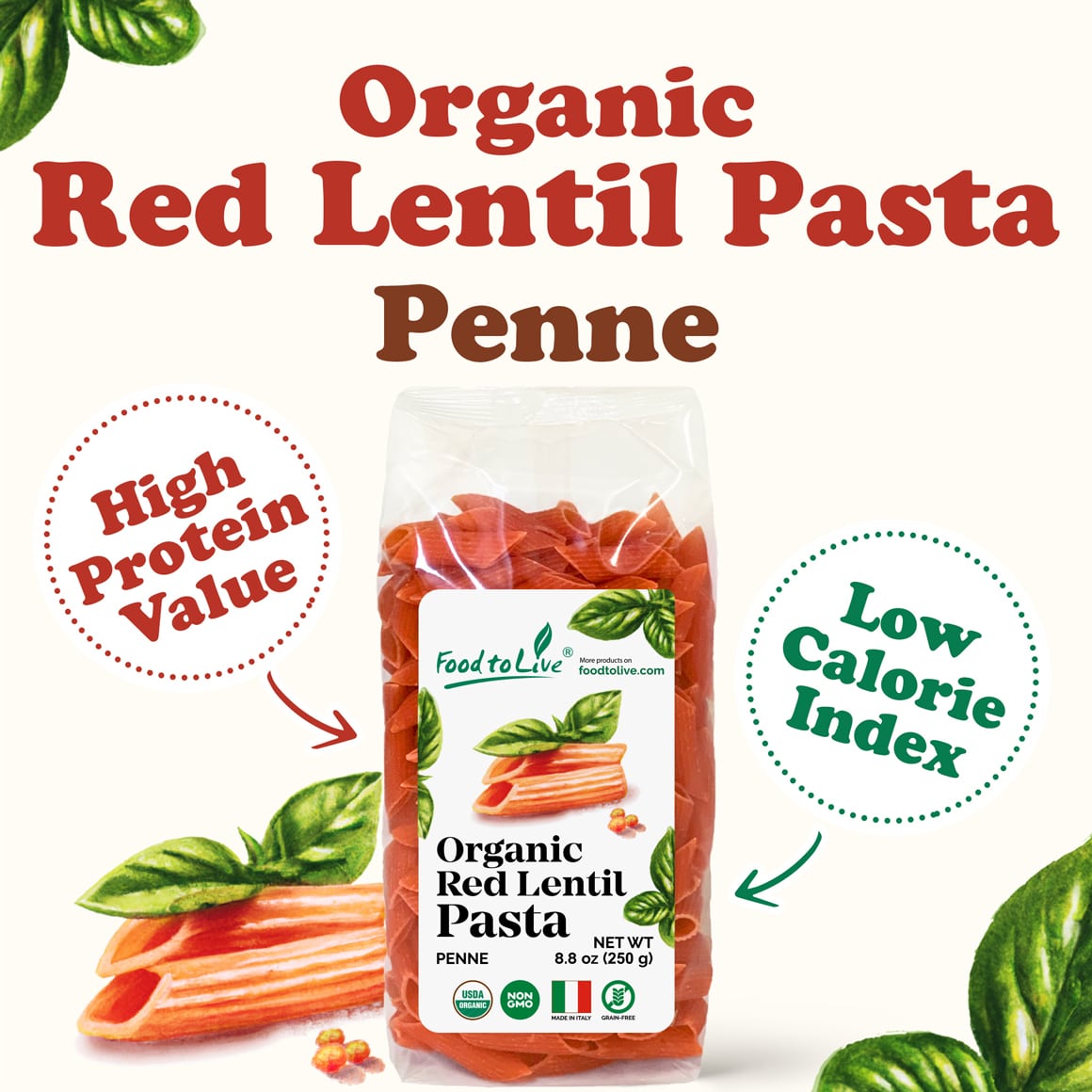 Organic Red Lentil Penne Pasta 1