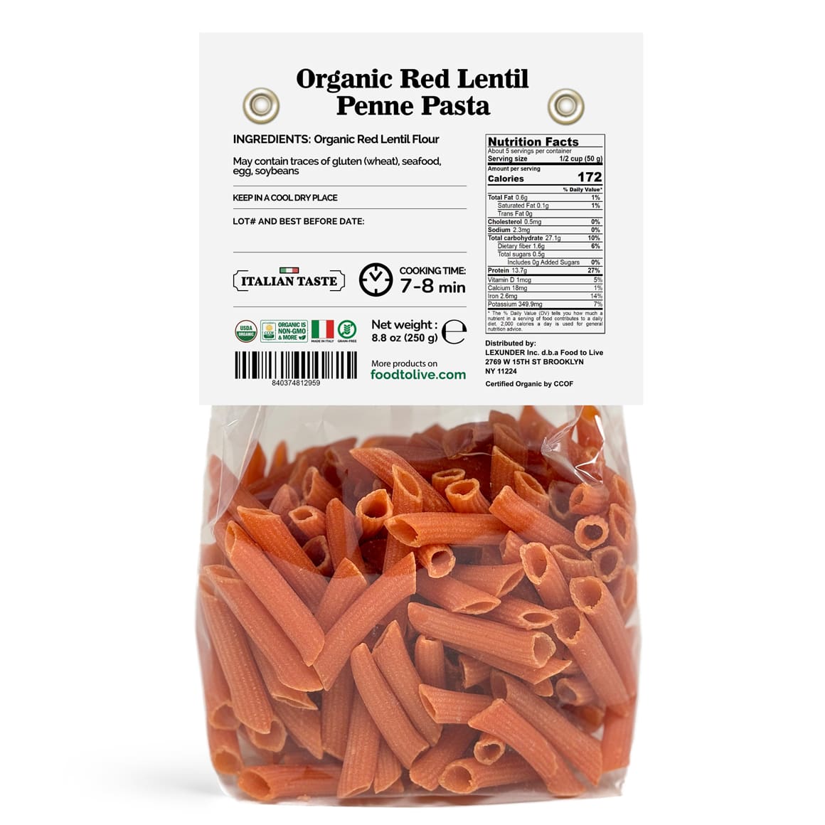 Organic Red Lentil Penne Pasta Back