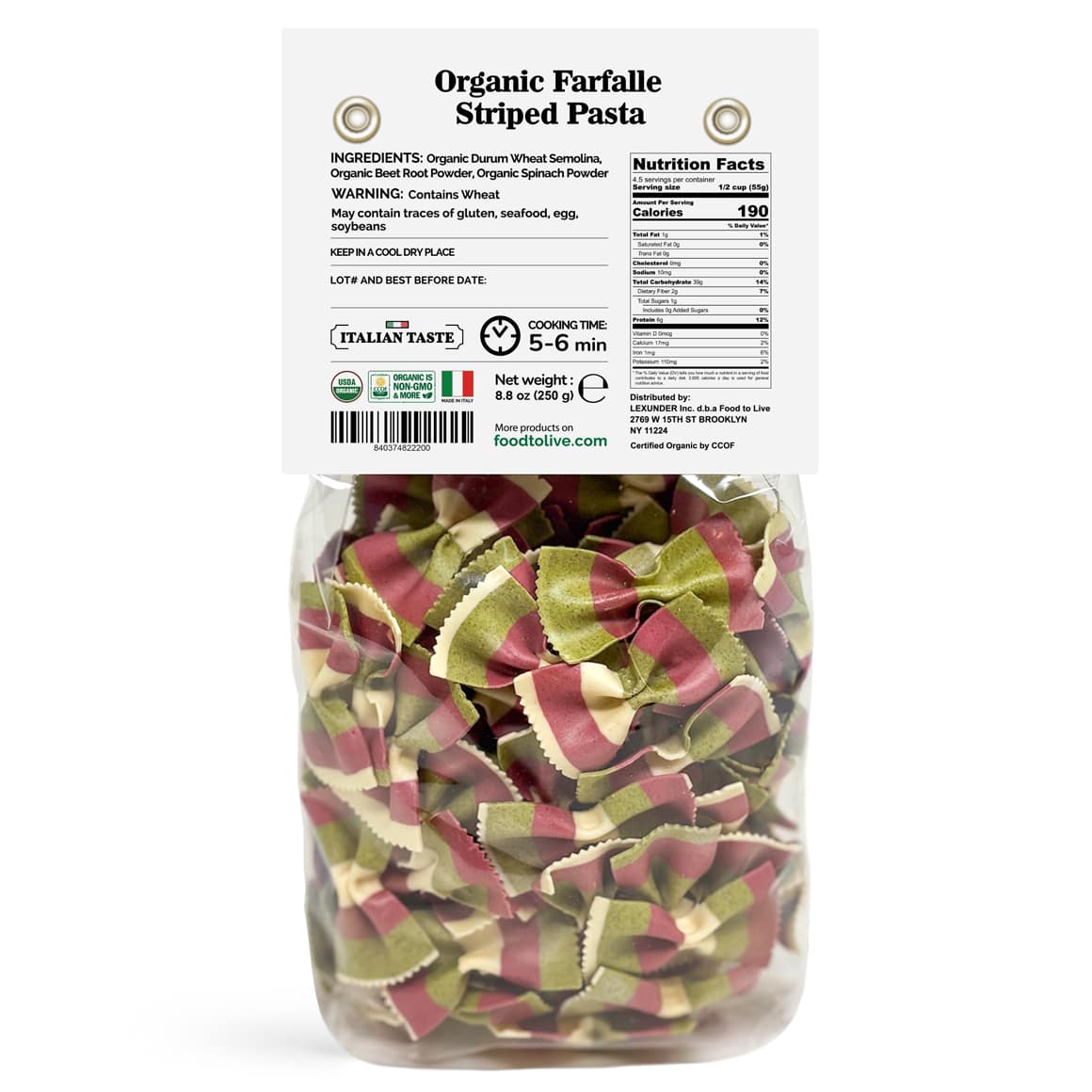 Organic Striped Farfalle Pasta Back